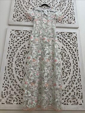 LuLaRoe Sheer Floral Embroidered Maxi Dress in White, Pink, Green